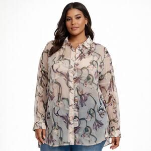 PrettyLittleThing Plus Sheer Floral Oversized Shirt Blouse US 18